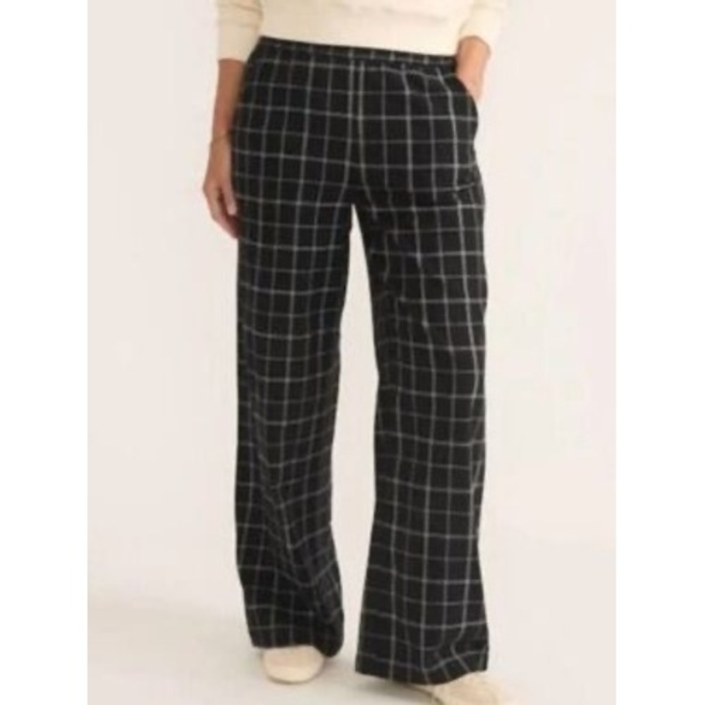 Marine Layer Re-Spun Black Plaid Wide Leg Pants L Preppy Minimalist